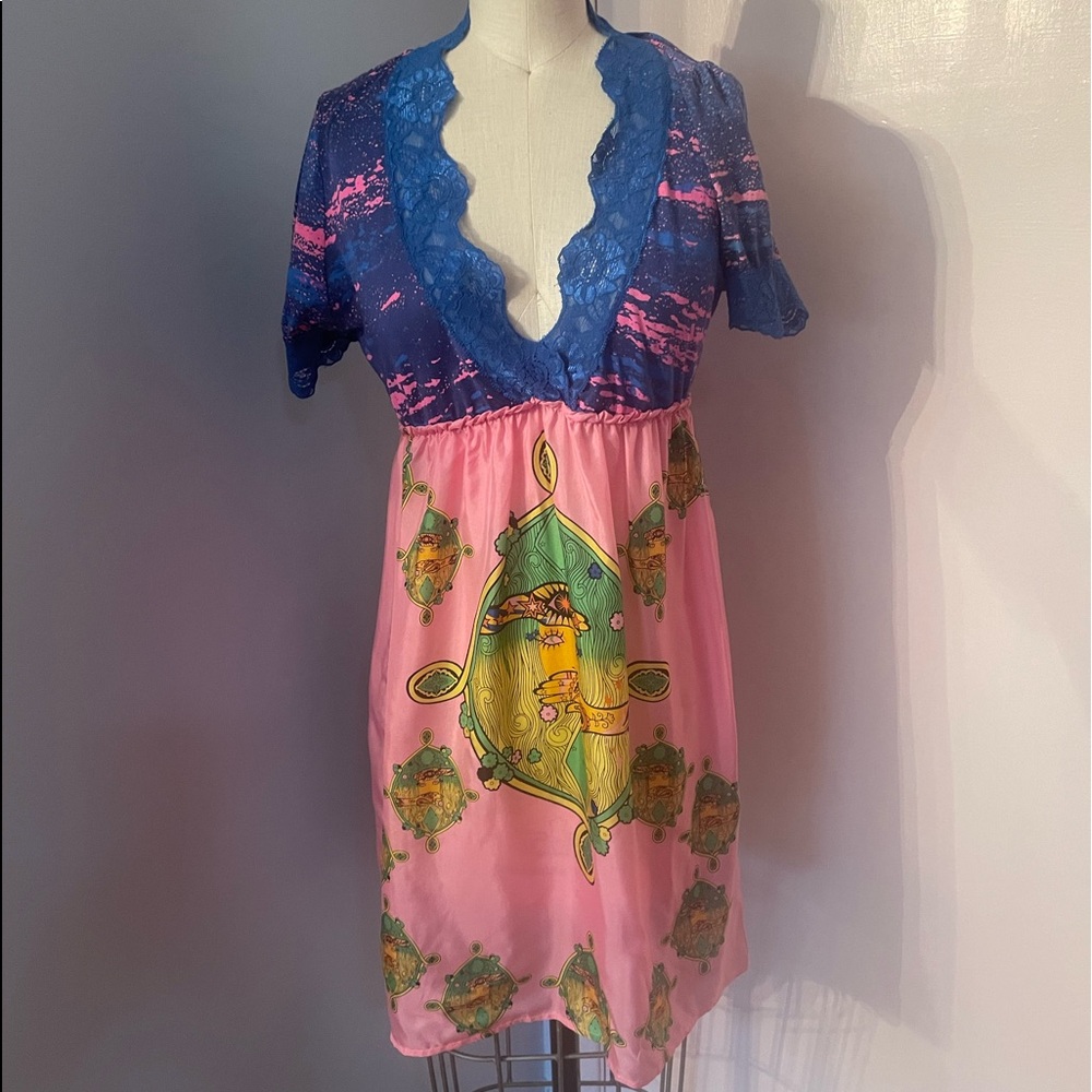 Early Y2K colorful silk print babydoll dress